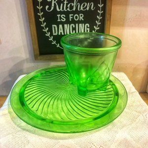 Vintage Uranium/Vaseline Glass Swirl Cake Plate & Footed Measuring Cup